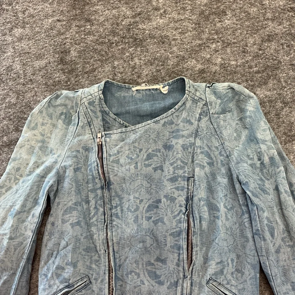 Isabel Marant Étoile Floral Chambray Moto Jacket Blue Zip Front Paris Designer - Picture 2 of 5